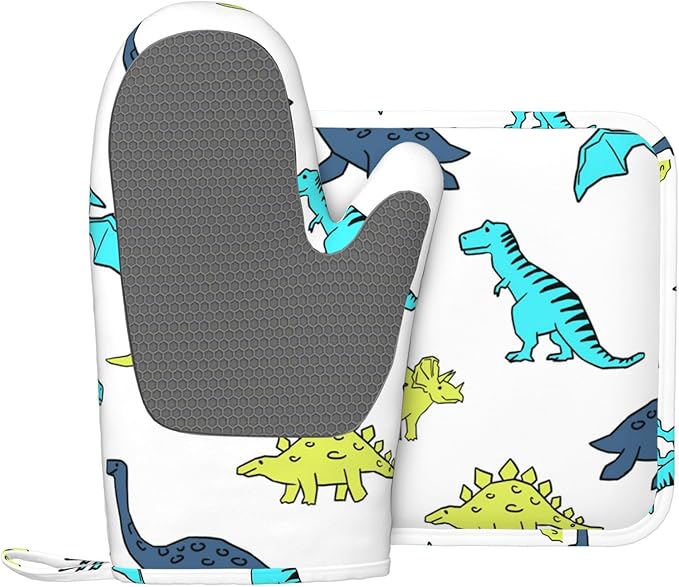 Cartoon Cute Dinosaur Oven Mitts and Pot Holders Sets, Home Silicone Heat Resistant BBQ Gloves for Kitchen Baking Cooking Grilling Microwave