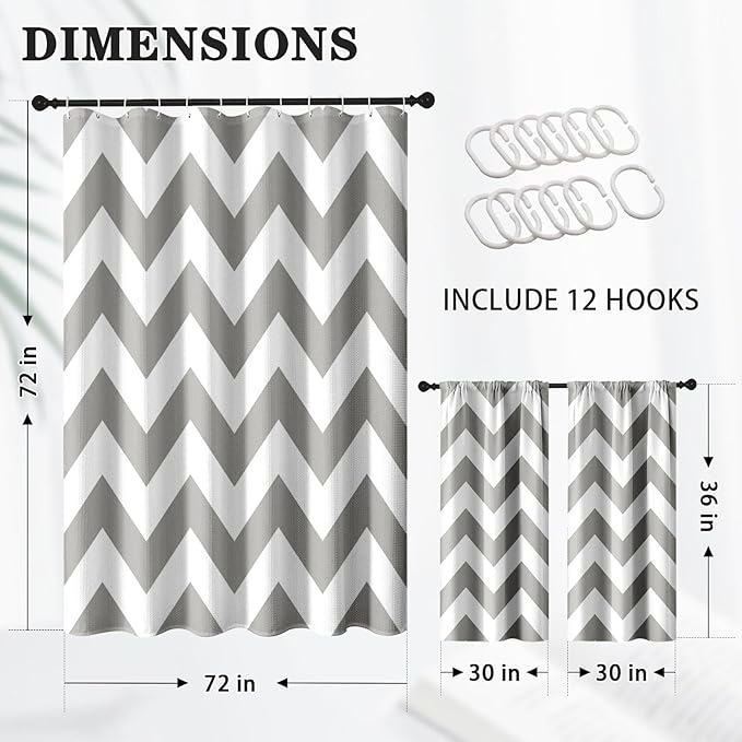 Culudea Chevron Striped Modern Gray White Shower Curtain Set, Wave Zig Zag Minimalist Herringbone Farmhouse Bathroom Window Waffle Cloth Waterproof Shower Curtains for Bathroom Decor