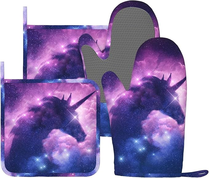 Purple Unicorn Galaxy Star Oven Mitts And Pot Holders Set Of 4 Silicone Heat Resistant Oven Mitten Potholders Non Slip Gloves Kitchen Decor For Bbq Cooking Grilling Baking