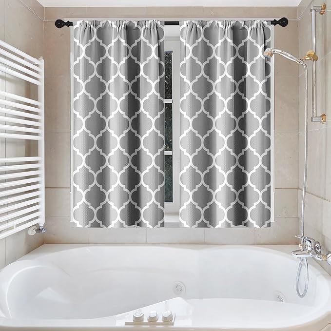 Culudea Gray Plaid Quatrefoil Moroccan Waffle Textured Cloth Shower Curtain Set, Grey Checkered Four Leaf Clover Grid Bathroom Window Waterproof Shower Curtains for Bathroom Decor