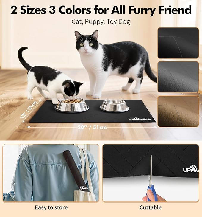 UPAWPIA Pet Food Mat Absorbent Cat Food Mat Dog Mat for Food and Water Quick Dry No Stains Dog Feeding Mat Placemat for Messy Drinkers Cat Food Mats for Indoor Cats Bowl Mat Pet Supplies 12"X20" Black