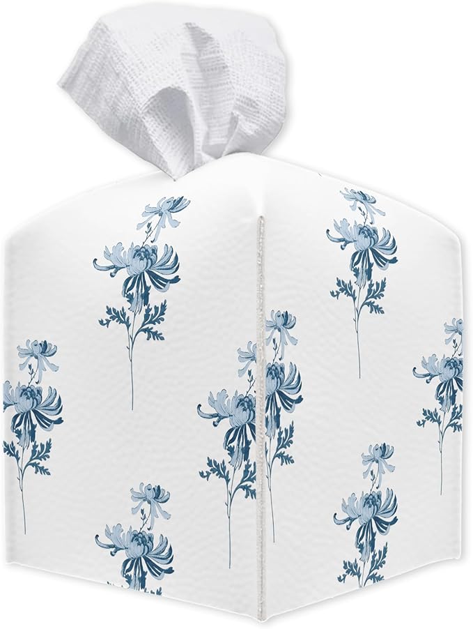 Blue Flowers Square Tissue Box Holder Cover, Floral Tissue Cube Box Organizer for Bathroom, Living Room, Office, Countertop, Car, Night Stands, Modern Home Desk Tabletop Decor - A07