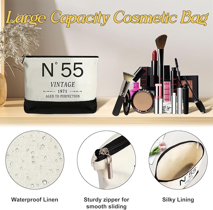 YeohJoy 55th Birthday Gifts for Women Canvas Tote Bag Travel Gear,Unique 55 Years Old Gifts for Wife Mom Sister Aunt Friends Her, Vintage N°55 Handbag & Cosmetic Bag & Back in 1971 Poster