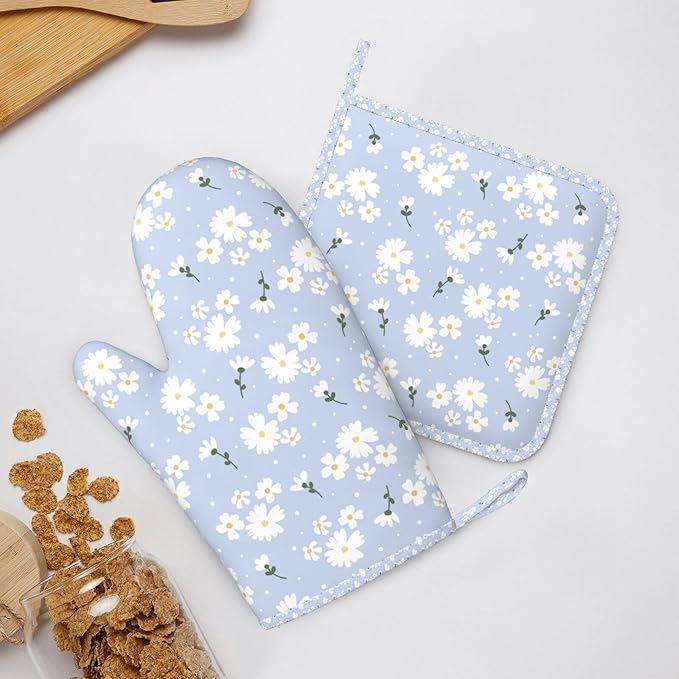 Oven Mitts Pot Holders Set Daisy Flower Pastel Silicone Kitchen Gloves Potholders Heat Resistant for Chef Baking Cooking Grilling BBQ 4 Pack Mitt