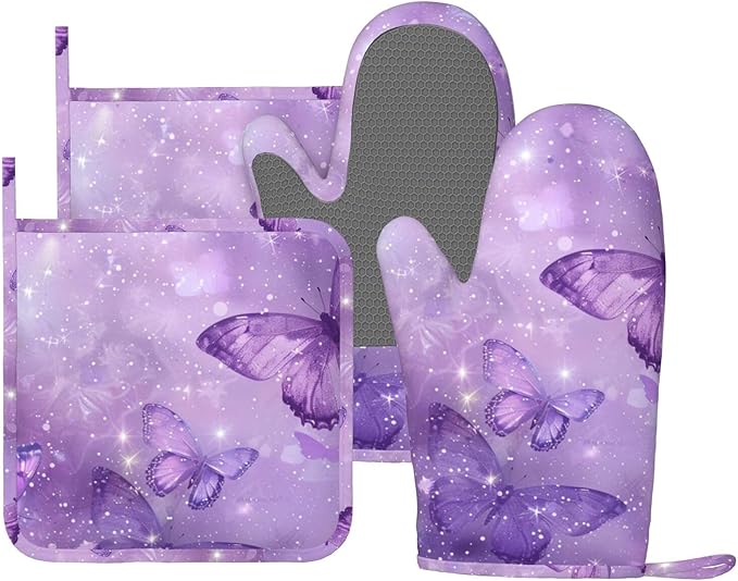 Oven Mitts Pot Holders Set Butterfly Purple Pastel Silicone Kitchen Gloves Potholders Heat Resistant for Chef Baking Cooking Grilling BBQ 4 Pack Mitt