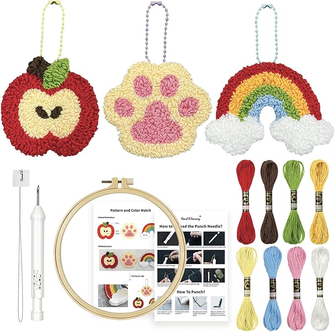 HAND U JOURNEY 3Pcs Embroidery Punch Needle Bachpack Charm Kit, Original Design with 2.2mm Punch Tool, Threads and Hoop. Random Color Chain (Rainbow & Cat paw)