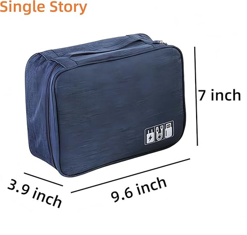 3-Wfinfing Single-layered Electronic Accessory Storage Tote | Data Cable Organizer | 3 Leather Straps + Adjustable Organizer Layers | Waterproof Travel Electronics Bag (Navy blue single)