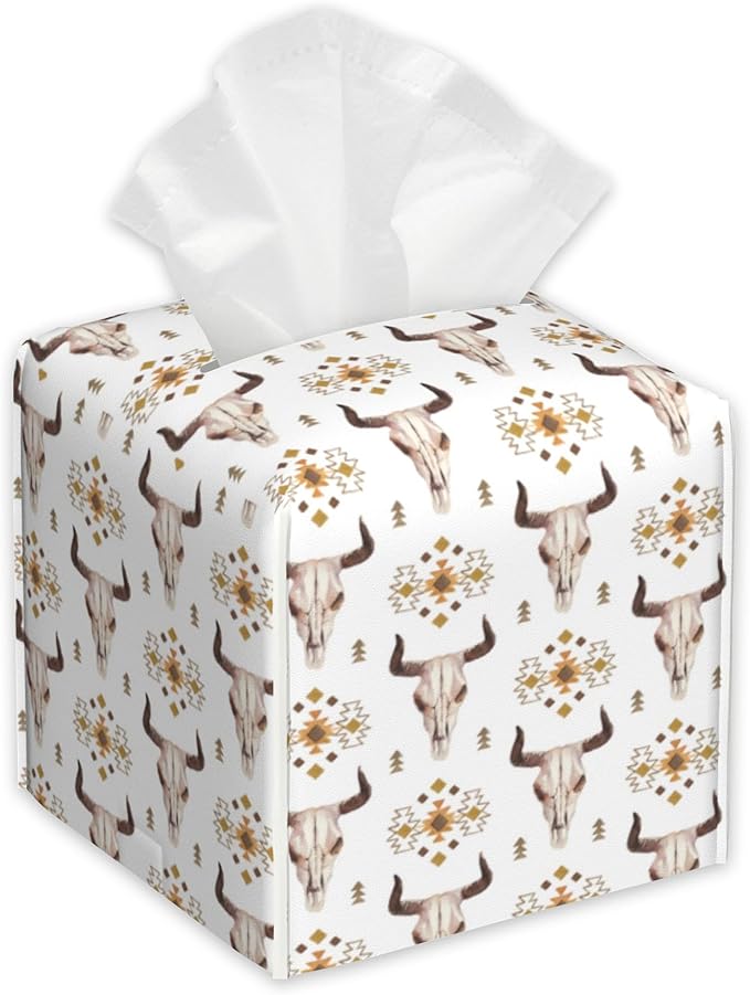 Watercolor Bull Cow Skull Tissue Box Cover Square,Tissue Box Holder with Belt Bottom,Stylish Leather Napkin Holder for Vanity Countertop,Nightstands,Office Desk,5.2"×5.2"×5.2"