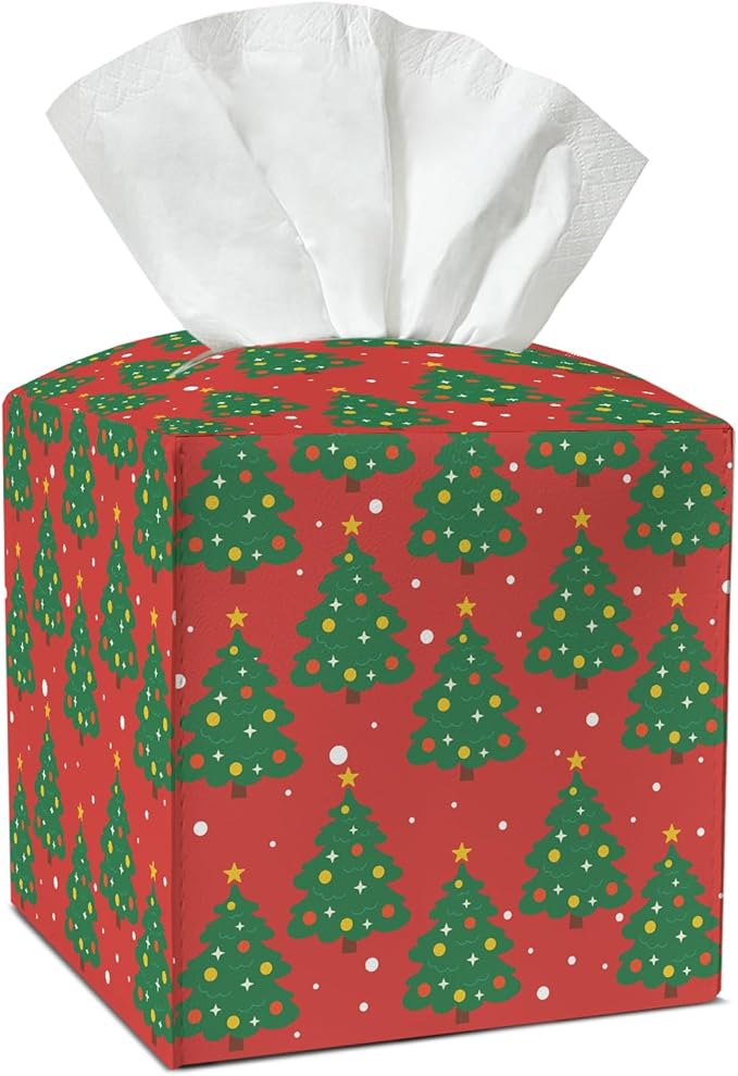 Christmas Trees Tissue Box Cover, Leather Tissue Holders Decorative for Home Office Kitchen Bathroom Organizer, Square Facial Paper Organizer Christmas Table Decor -034