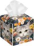 BLYKVGHQ Square Tissue Box Cover Cute Cat with Colorful Flowers Tissue Box Holder Facial Cube Paper Dispenser Leather Decorative Organizer Home Office Desk Decor, 5.2"x5.2"x5.2"