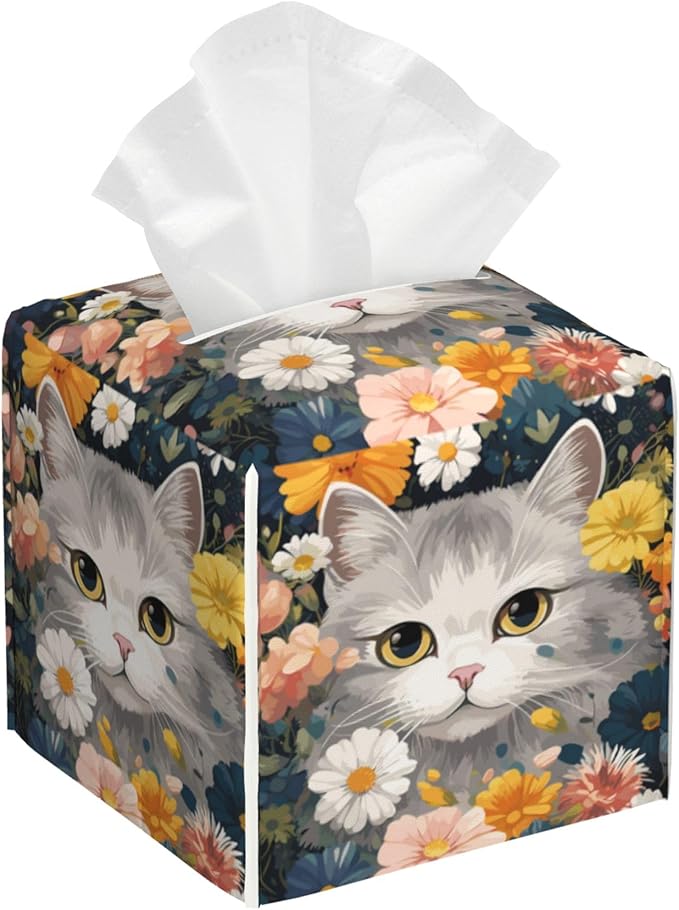 BLYKVGHQ Square Tissue Box Cover Cute Cat with Colorful Flowers Tissue Box Holder Facial Cube Paper Dispenser Leather Decorative Organizer Home Office Desk Decor, 5.2"x5.2"x5.2"