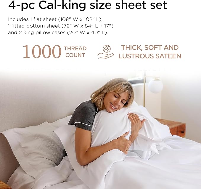 Threadmill Certified 100% American Supima Luxury Cotton Sheets California-King Sheets,1000 Thread Count Sateen Weave, 4 Pc Luxury Bed Sheets Set, Hotel White Sheet with Elasticized Deep Pocket