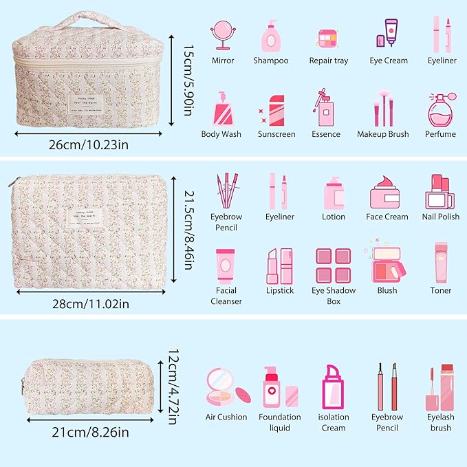 Cozomga Quilted Makeup Bag, Large Capacity Travel Cosmetic Bag for Women and Girls, Aesthetic Storage for Daily and Travel Use (3pcs-pinkleavesflowers)