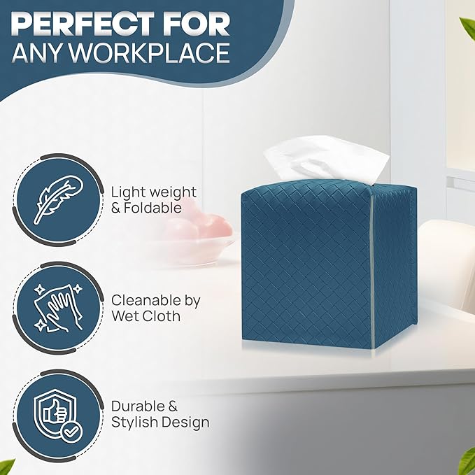 Tissue Box Cover Holder, PU Leather Tissue Box Cover with Braided Pattern, Square Tissue Holder with Bottom Belt, Modern Organizer for Bathroom, Car, Office, Tabletop (Ink Blue, 12 Braided Patterns)