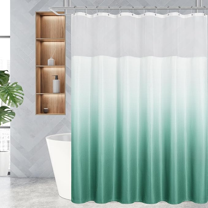 Gibelle Waffle Weave Shower Curtain with Mesh Top Window and Hooks Set, Spa Like Hotel Style Fabric Shower Curtain for Bathroom, Ombre Teal, 72x72