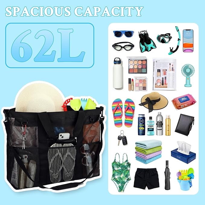 GYEUKHAM Mesh Beach Bag - Large Beach Tote Bag with Multiple Pockets for Family Beach Bag for Toys & Vacation Essentials
