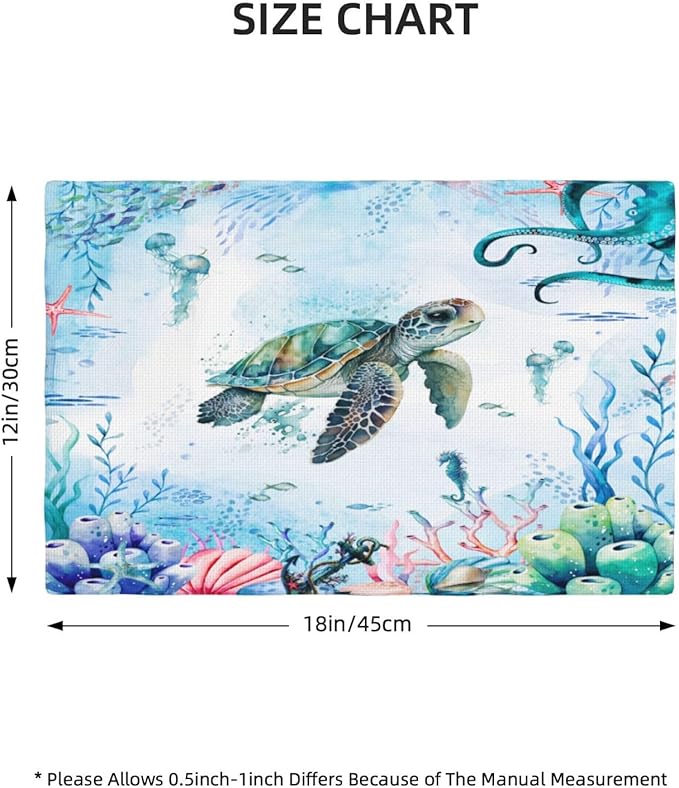 Turtle Ocean Placemats, Cartoon Blue Watercolour Ocean Coral Shell Seahorse Octopus Starfish Animal Print Washable Fabric Placemats Table Kitchen Dining Party 12x18 Inch Set of 6