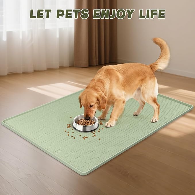 47" x 35" Silicone Dog Food Mat, Waterproof Pet Feeding Mat with Raised Edge, Extra Large Dog Bowl Mat Non-Slip Water Bowl Placemats for Dogs, Protects Floors, Easy to Clean (Light Green)