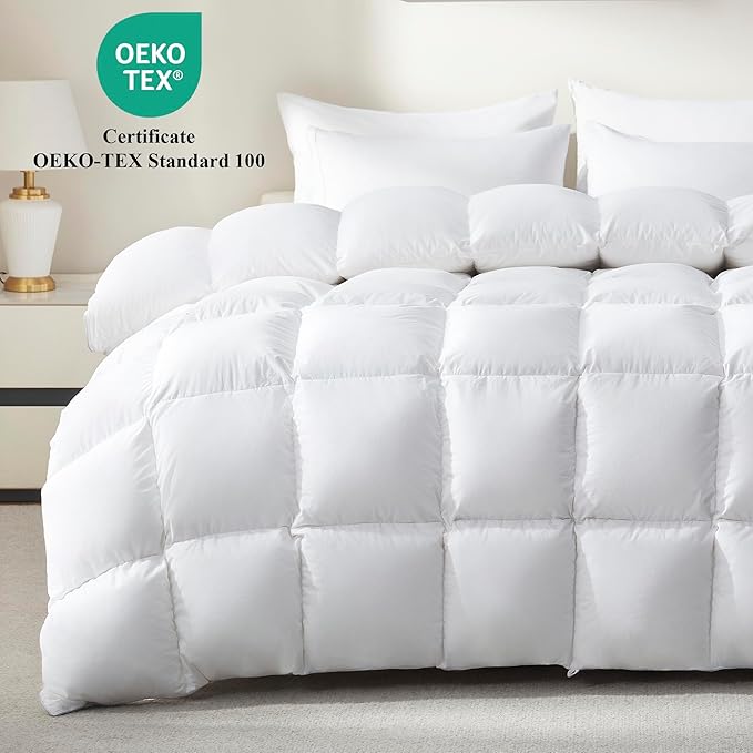 Ubauba Goose Feather Down Fiber Comforter Oversized Queen Size - All Season Fluffy White Duvet Insert - Luxurious Hotel Bedding Comforter - Soft 100% Cotton Cover, Medium Warmth(98x98 Inch)