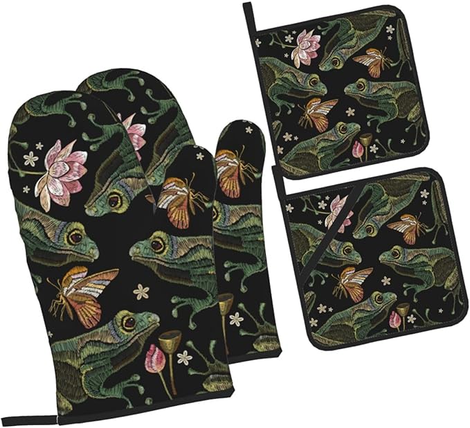 Vintage Frogs Lotus Flowers Oven Mitts and Pot Holders 4 Pcs Set Oven Gloves and Potholders for Cooking Microwave BBQ Baking Grilling