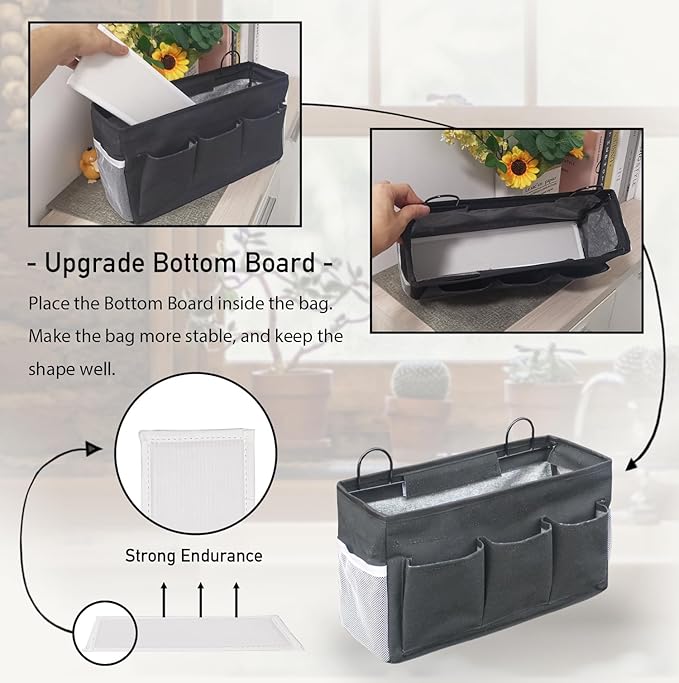 Kanrichu 2pcs 3-pockets Large Wall Hanging Organizer Bag, Linen Fabric Door Hanging Storage Baskets with Pockets, Waterproof Bin for Kitchen, Bedroom, Office, RV Camper (Black-2pcs)