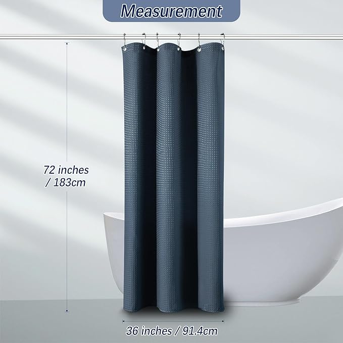 PANGSINNE Shower Curtain Fabric Washable for Stall, Waffle Weave 36 Inches Heavy Duty Navy Shower Curtain, Half Size Waterproof 256GSM Spa Luxury Shower Curtains with 6 Metal Hooks,36Wx72H Navy Blue