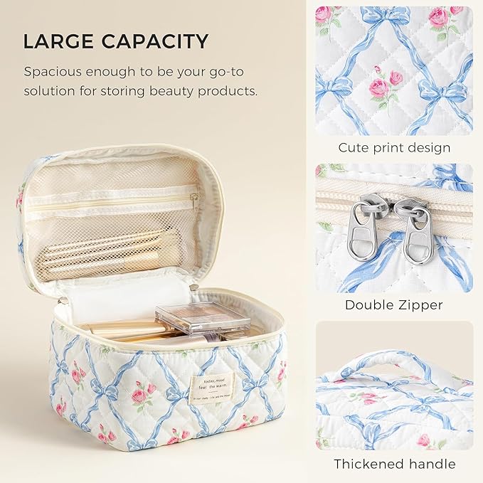 HBselect Christmas Gifts Large Quilted Makeup Bag, Cute Cotton Travel Makeup Bag with Handle, Portable Coquette Floral Make up Bags, Toiletry Organizer Make up Bags for Women Teen Girls Mom