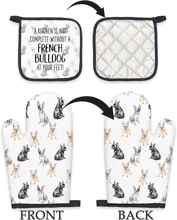 French Bulldog Dog Oven Mitts and Pot Holders Sets, Frenchbulldog Gifts Kitchen Accessories Sets, Complete Without a French Bulldog Heat Resistant Oven Glove Potholders for Kitchen Baking