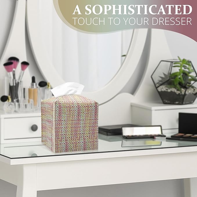 Azormi Tissue Box Cover, PU Leather Square Tissue Box Holder with Woven Pattern, Cube Tissue Box Covers with Bottom Belt, Perfect Decorative Organizer for Tabletop, car, Office, Bathroom, 5 x 5 x 5