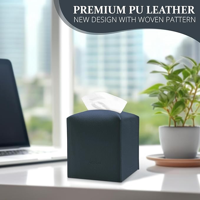 Tissue Box Cover, PU Leather Tissue Box Holder with Bottom Belt, Modern Square Tissue Box Covers with Wide Opening (Blue, Woven Patterns)