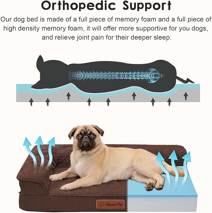 Rainmr Orthopedic Dog Bed Medium Size Dog, Memory Foam Dogs Bed for Medium Dogs, Washable Removable Cover, Nonskid Bottom, Waterproof, for Indoor, Outdoor, Crate ＆ Car Use, 35x23x6 Inches, Brown Grey