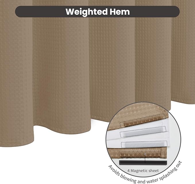 Inhousolu No Hook Waffle Weave Shower Curtain with Removable Snap in Fabric Liner Set for Bathroom, 230 GSM Heavy Duty Weighted Hem, Water Repellent Washable Bath Curtains, 72 x 78 Inch, Beige