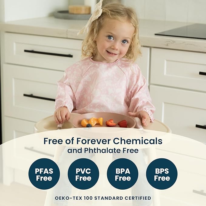 Tiny Twinkle Long Sleeve Bib for Babies & Toddlers | 2-Pack Waterproof Smock Bib for Eating | Machine Washable & Mess-Proof Feeding Essentials | Newborn Shower Gift (Pink,Beige Checkers, 6-24M)