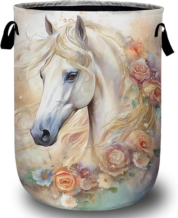 White Horse Flower Laundry Basket with Sturdy Handles, Glitter Floral Collapsible Oxford Cloth Laundry Hamper Organizer Basket for Bathroom Bedroom 15.7x20 Inch