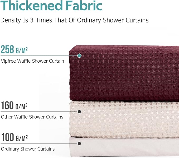 Vipfree 3 in 1 Shower Curtain Set, Waffle Shower Curtain and Liner Set with 12 Double Sided Shower Curtain Hooks, 258GSM Luxury Weighted Cloth Shower Curtains for Bathroom, 72 W x 72 H, Burgundy