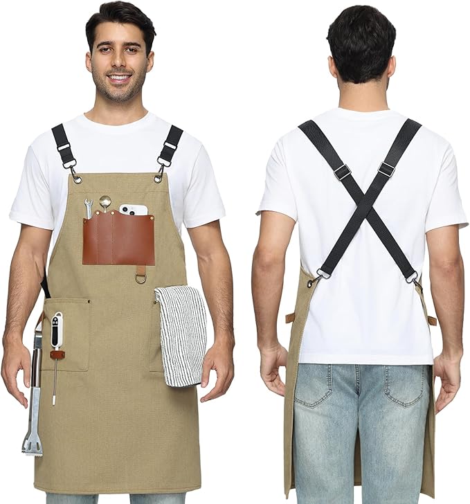 Kitchen Apron - 3 Large Pockets, Cross Back Apron With Adjustable Straps, Cooking Kitchen Chef Apron For Women And Men, Wear-Resistant & Easy To Clean.(Khaki)