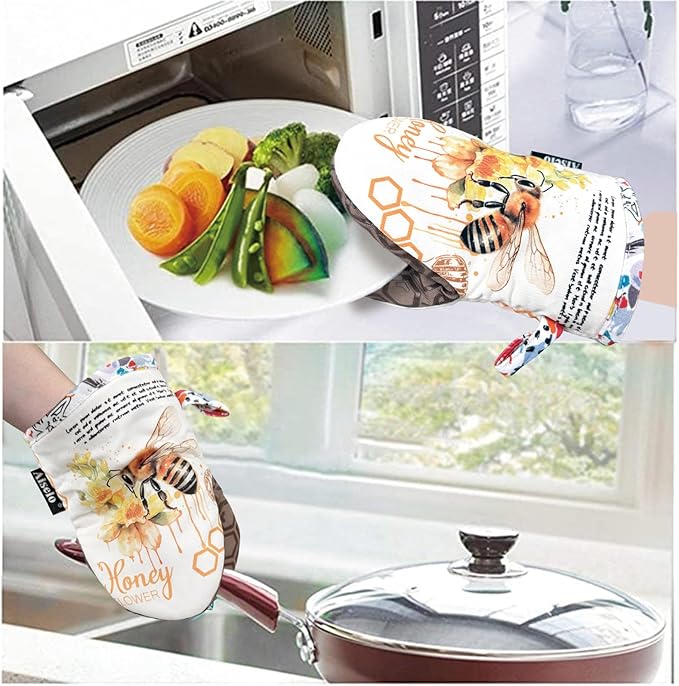 Mini Oven Mitts,2pk - Silicone Little Kitchen Gloves, Heat Resistant with Non-Slip Grip and Soft Quilted Cotton Lining for Safe Backing Cooking Barbecue (Khaki, Bee)