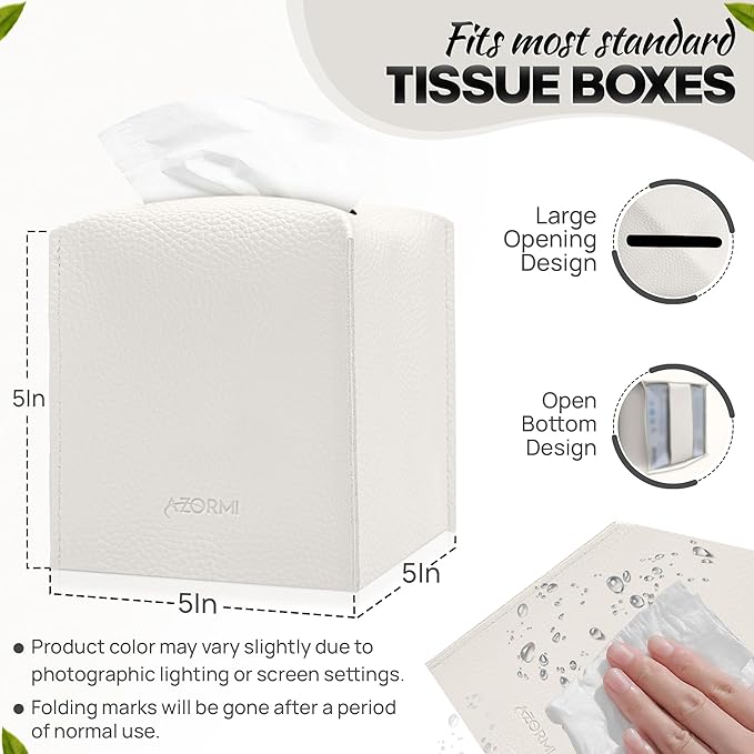 Tissue Box Cover Holder, PU Leather Tissue Box Cover Square with Bottom Belt, Cube Tissue Holder for Bathroom, Modern Organizer for Car, Office, Tabletop (White, 14 Leather Patterns)