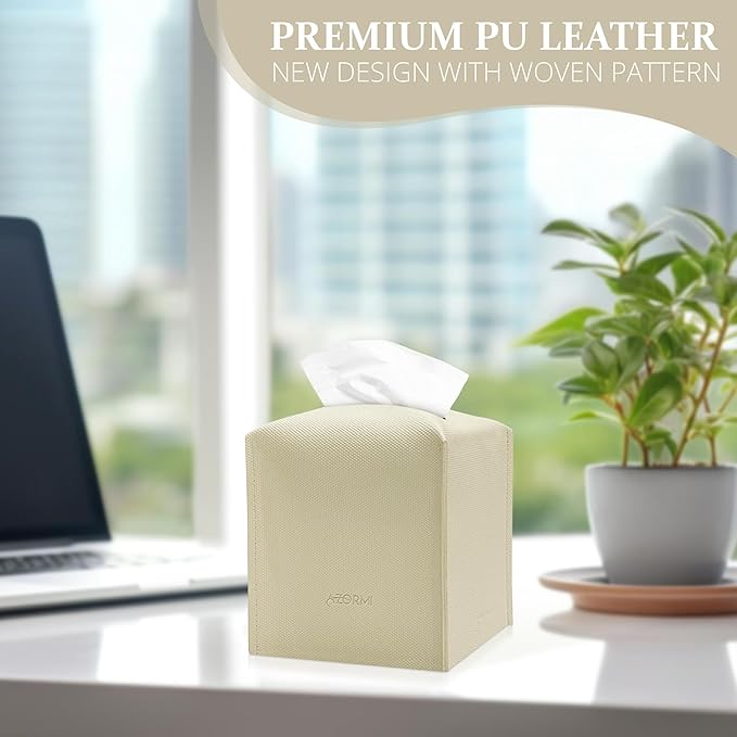 Tissue Box Cover, PU Leather Tissue Box Holder with Bottom Belt, Modern Square Tissue Box Covers with Wide Opening (Beige, Woven Patterns)