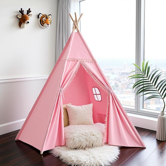 Sumbababy Large Teepee Tent for Kids Indoor - Cotton Canvas Slumber Play Tents for Adults - Foldable Sleepover Tents for Girls Boys Party Gift Toy, Pink