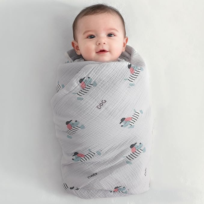 NTBAY 2 Layer Muslin Cotton Baby Swaddle Blanket, 30x40 Soft and Breathable Receiving for Newborns and Infants, Perfect for Crib, Stroller, Travel, Lightweight Nursery Blanket, Striped Dog