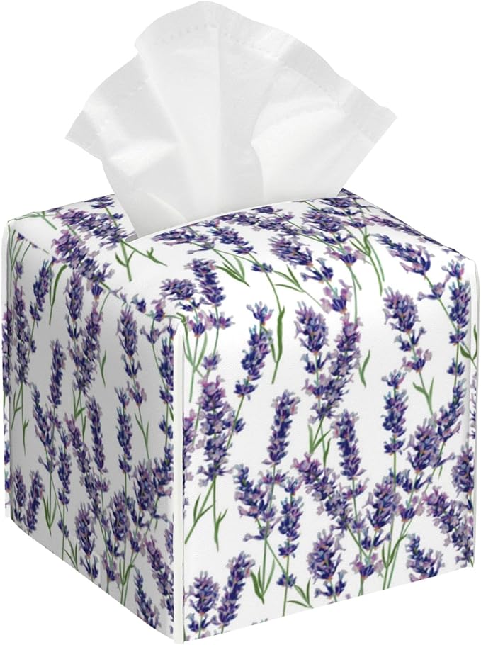 POIUBLE Leather Tissue Box Holder Lavender Flowers Tissue Box Cover Square Waterproof Tissue Holder Organizer Modern Napkin Holder for Bedroom Dresser Night Stand Office Desk