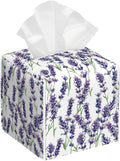 POIUBLE Leather Tissue Box Holder Lavender Flowers Tissue Box Cover Square Waterproof Tissue Holder Organizer Modern Napkin Holder for Bedroom Dresser Night Stand Office Desk