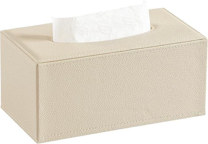 JLAMBOM Rectangle Tissue Box Cover for 120 to 160 Count Box of Tissues, PU Leather Tissue Holder with Magnetic Closure (Beige)