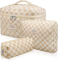 Gosect 3pc Makeup Bag Set, Quilted Makeup Bag Set, Large Floral Cosmetic Bag for Women, Cute Cotton Makeup Bags, Flower Travel Toiletry Organizer Bag (Checkered)