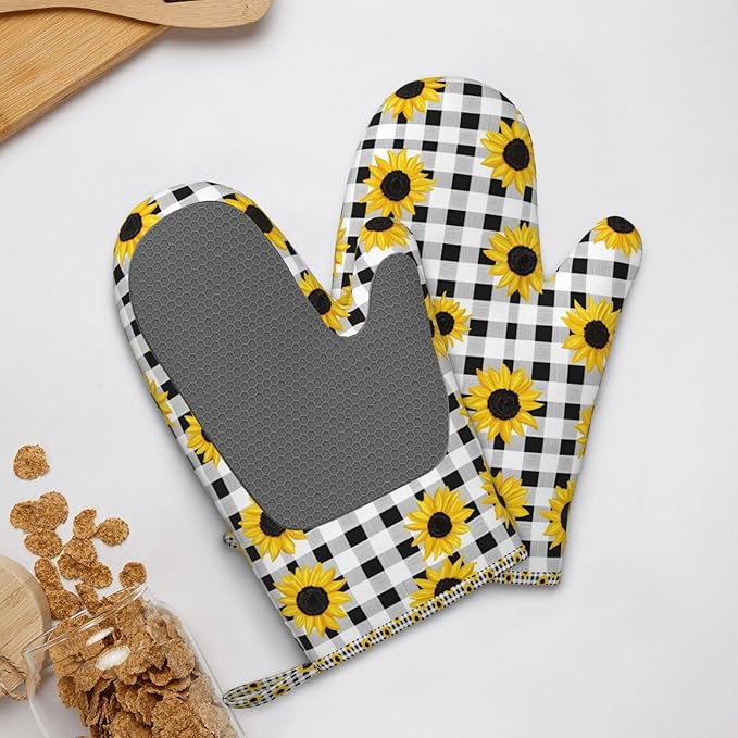 Heat Resistant Oven Mitts 2 Pack, 500°F Silicone Oven Gloves with Non-Slip Grip, Soft Quilted Cotton Lining for Baking, Grilling, BBQ, Cooking (Sunflower)
