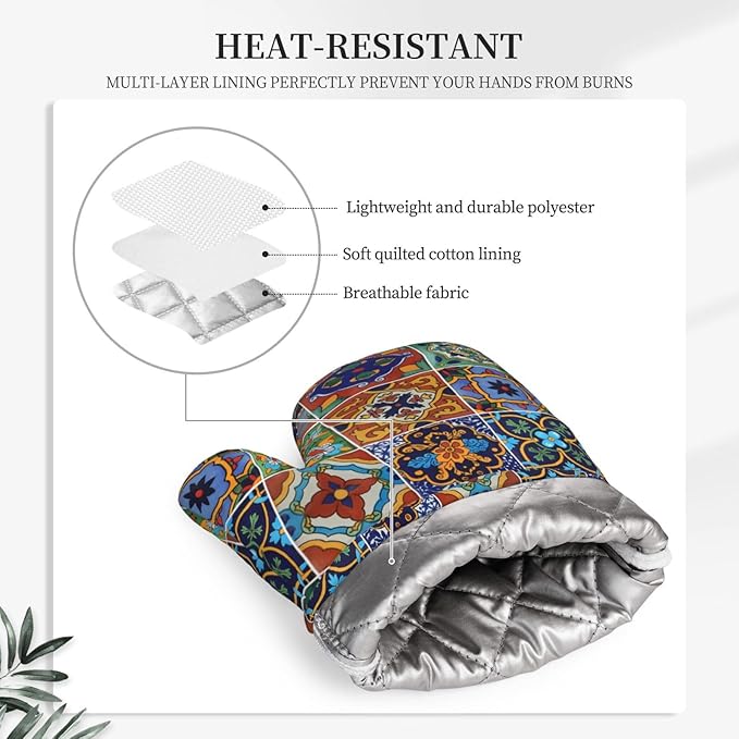 Silicone Oven Mitts and Pot Holders Sets, Home Talavera Mexican Tiles Heat Resistant BBQ Gloves for Kitchen Baking Cooking Grilling Microwave