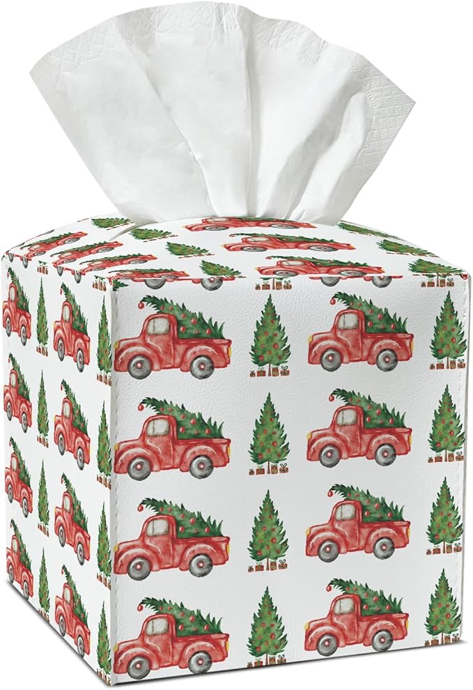 Red Car and Trees Tissue Box Cover, Christmas Leather Tissue Holders Decorative for Home Office Kitchen Bathroom Organizer, Square Facial Paper Organizer Christmas Table Decor -035