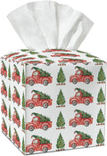 Red Car and Trees Tissue Box Cover, Christmas Leather Tissue Holders Decorative for Home Office Kitchen Bathroom Organizer, Square Facial Paper Organizer Christmas Table Decor -035