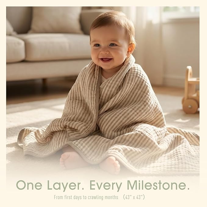 HardNok Ultra Soft Muslin Baby Blanket - Made with Organic Cotton, Gender Neutral Warm Coffee Striped Jacquard, Swaddle & Crib Quilt, 43x43 Inches (Horizon Dune)